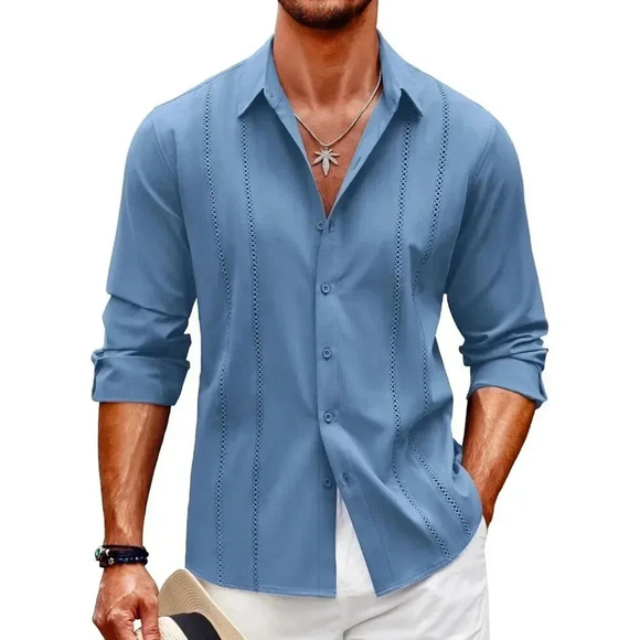 ❤️  Blue Cuban Shirt Casual Button Down Shirts Long Sleeve Beach Linen Shirts - Picture 1 of 5